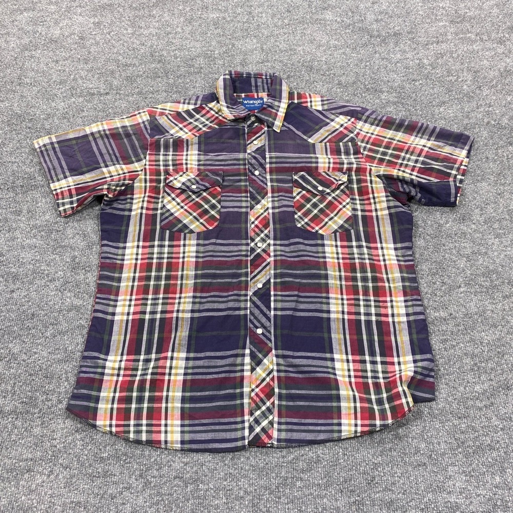 Wrangler Western Shirt Mens XL Purple Plaid Short Sleeve Pearl Snap Cowboy